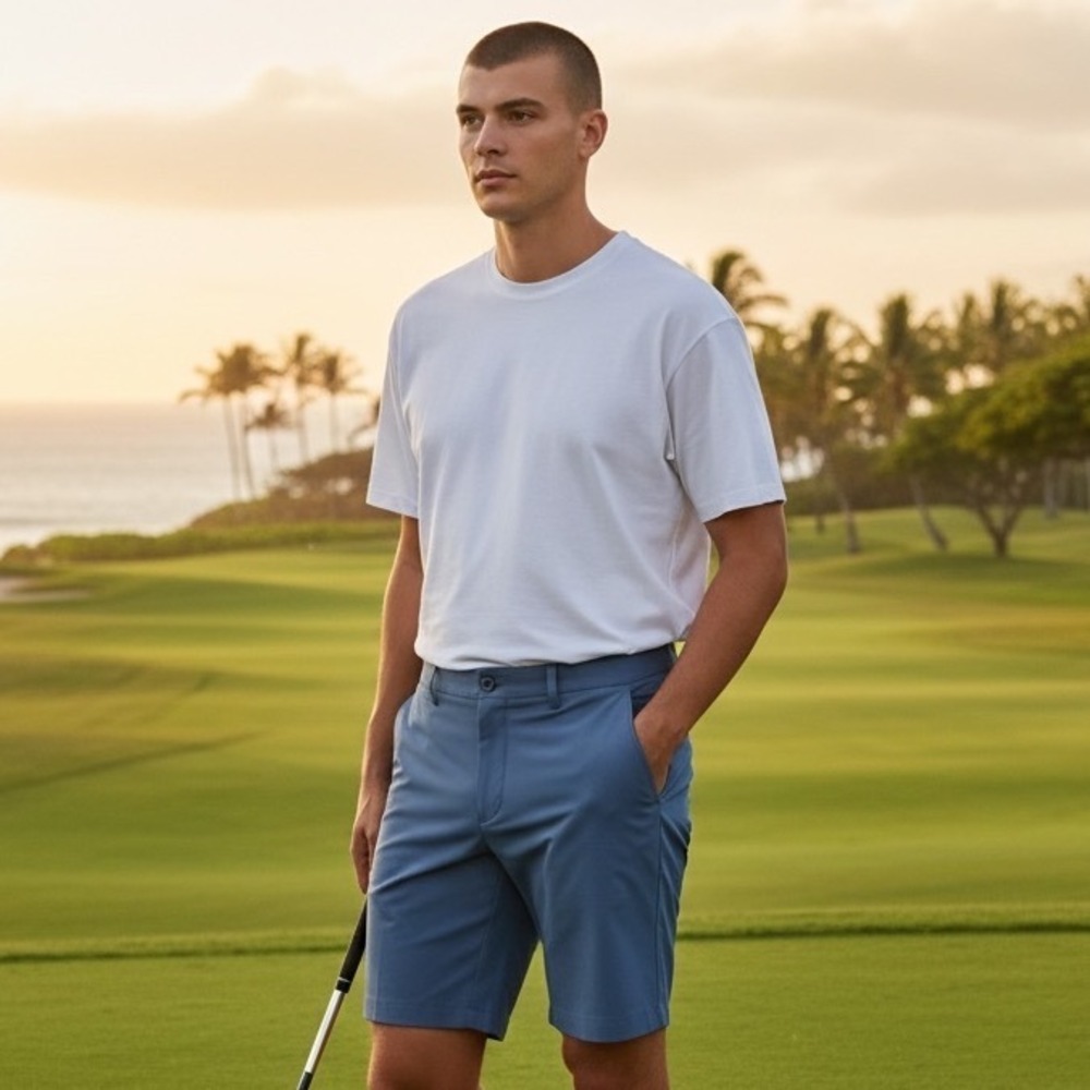 Travis Mathew Mens Golf Shorts Blue‎ Grey Textured Stretch Size 40 RN123280